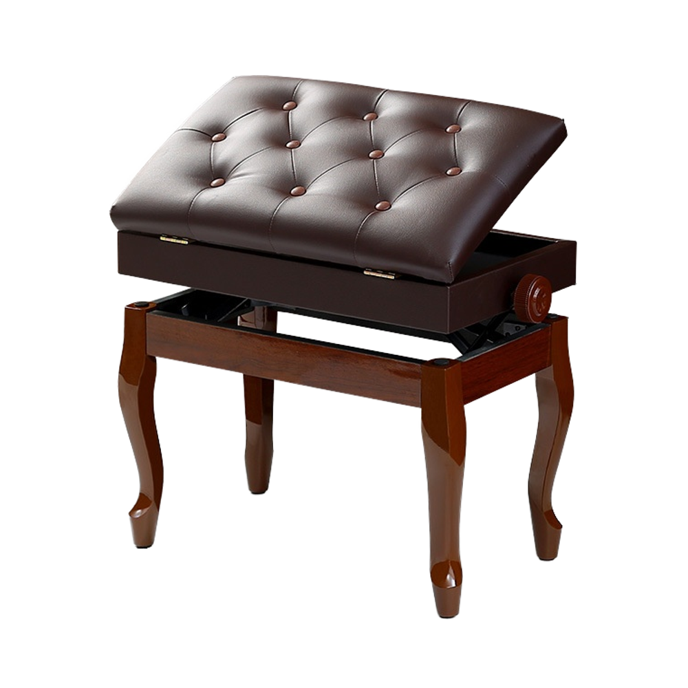 Brown tufted bench with wooden legs on a white background