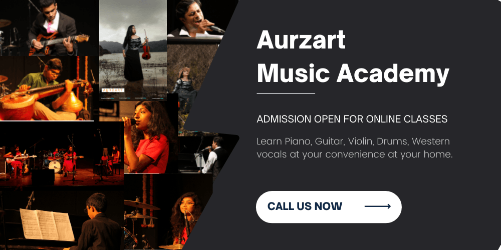 Aurzart Music Academy promotional banner featuring students performing music, with information about music classes in Bangalore.