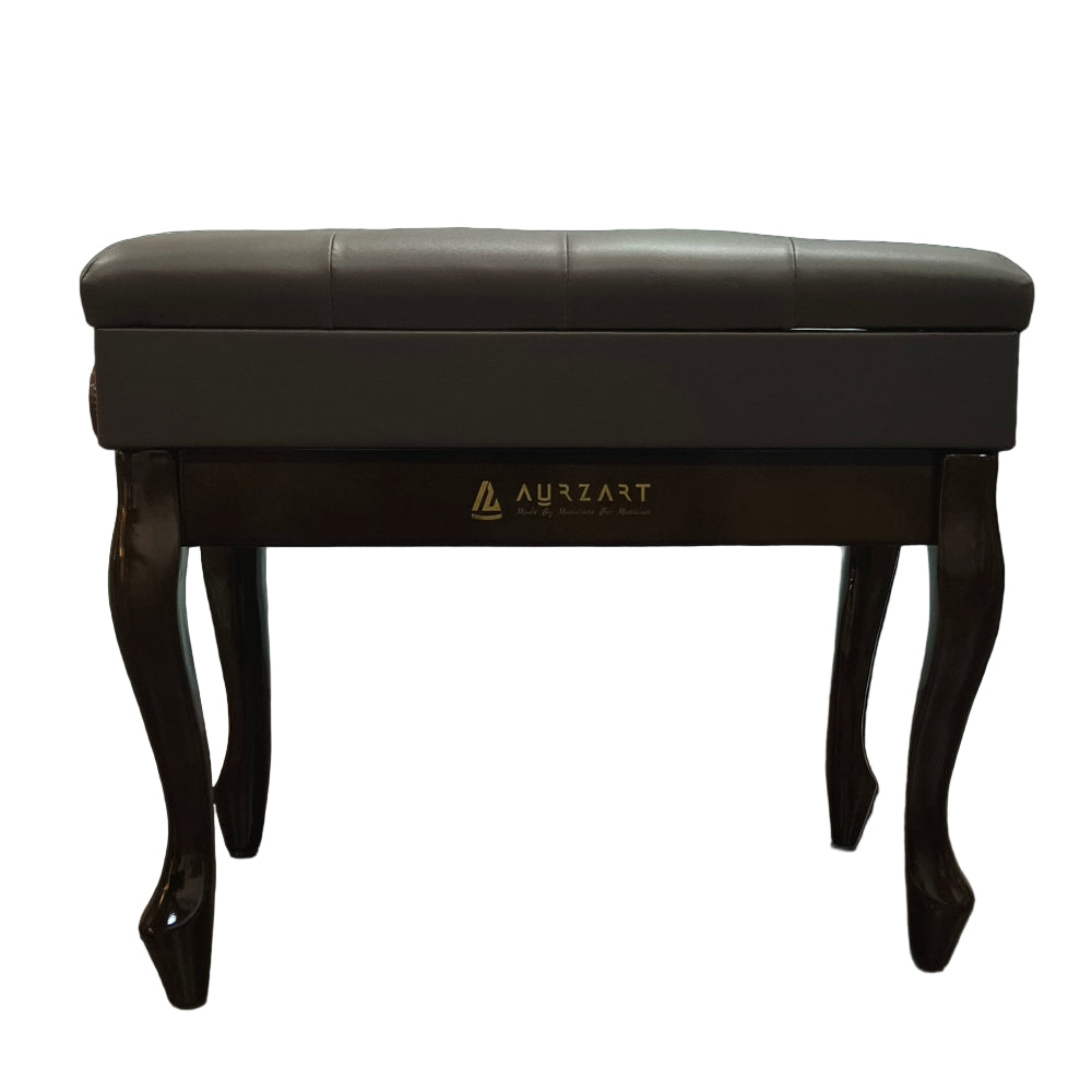 Dark brown piano bench with 'Aurzart' branding against a textured wall.