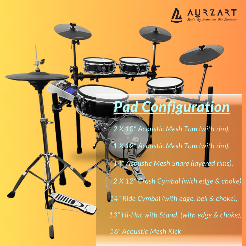 Aurzart AZ-ED900B-KM Wooden Mesh Head Electronic Drums 9 Piece