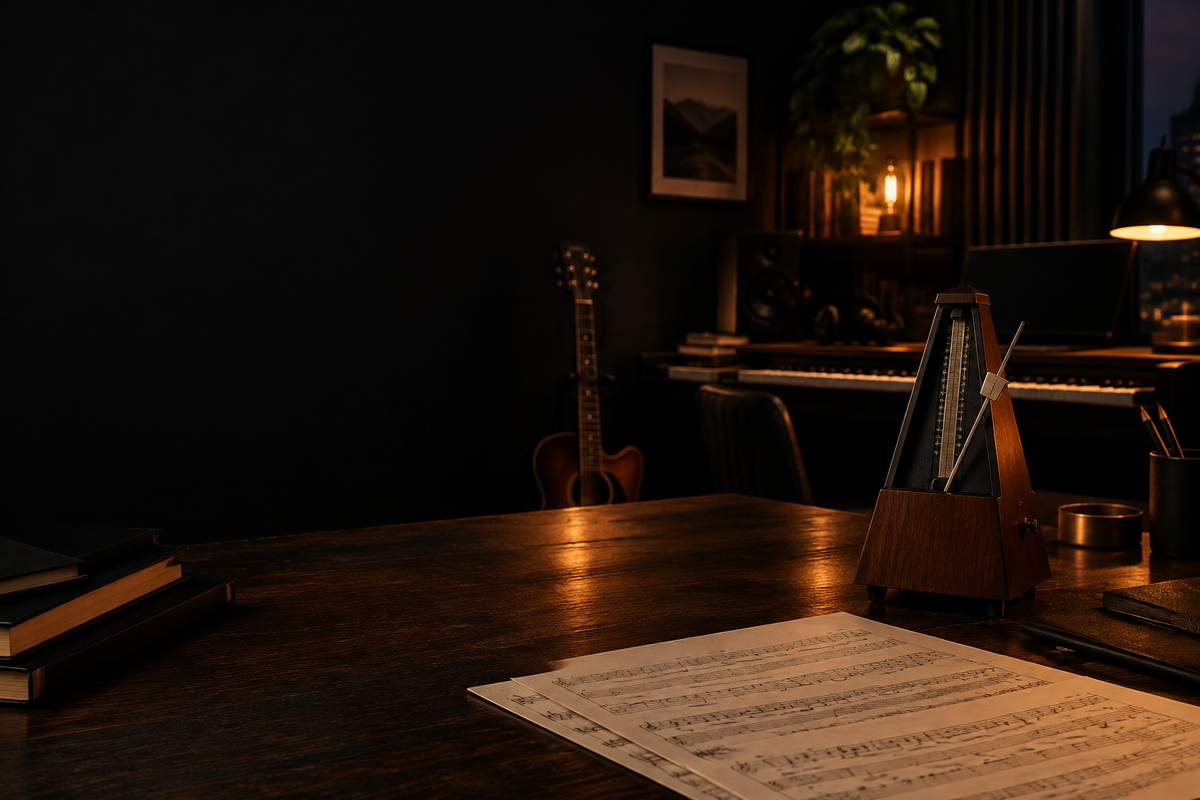Analogue metronome in a warm music practice studio with piano, guitar and sheet music
