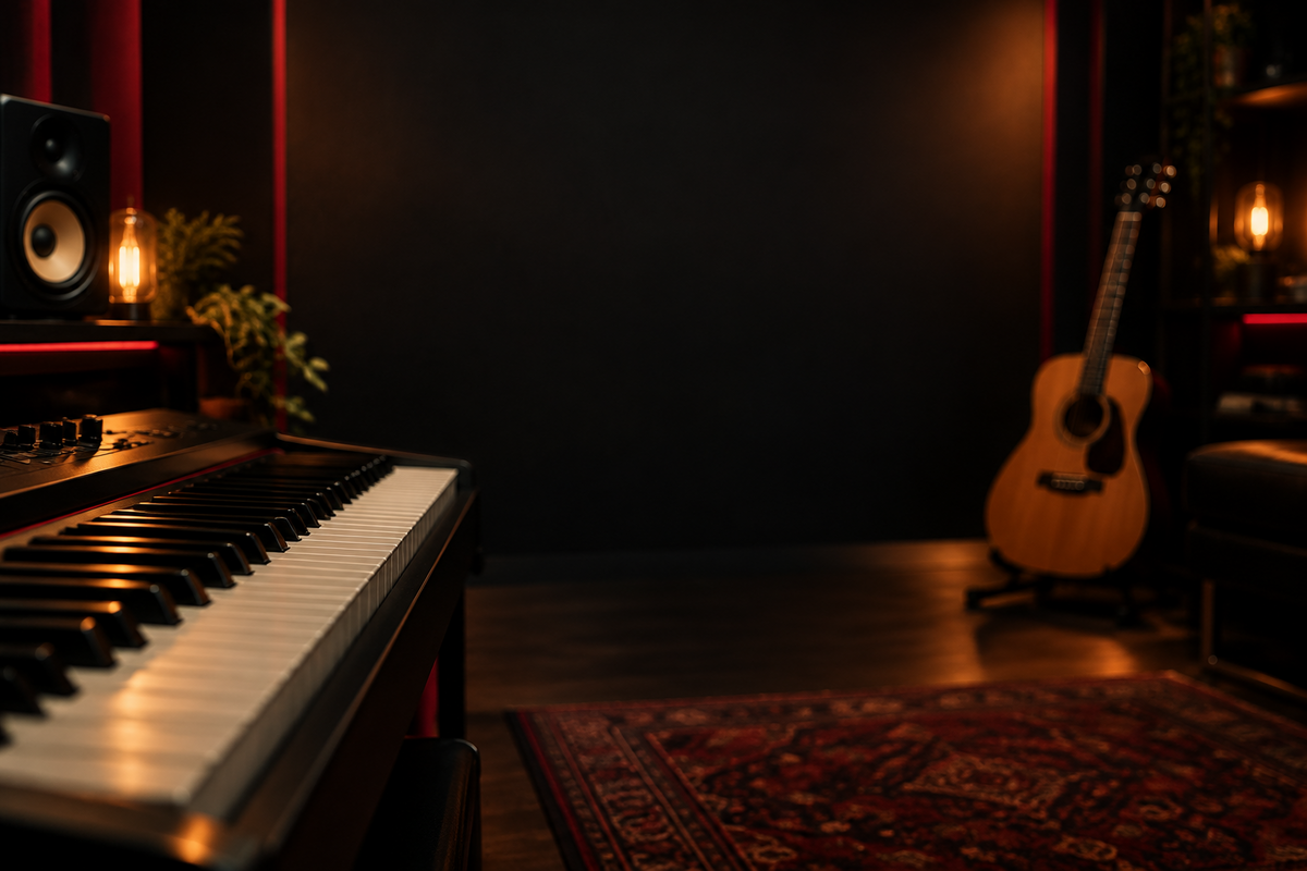 Use:

**Piano keyboard and acoustic guitar in a warm, cinematic music studio – Aurzart Scale Finder**
